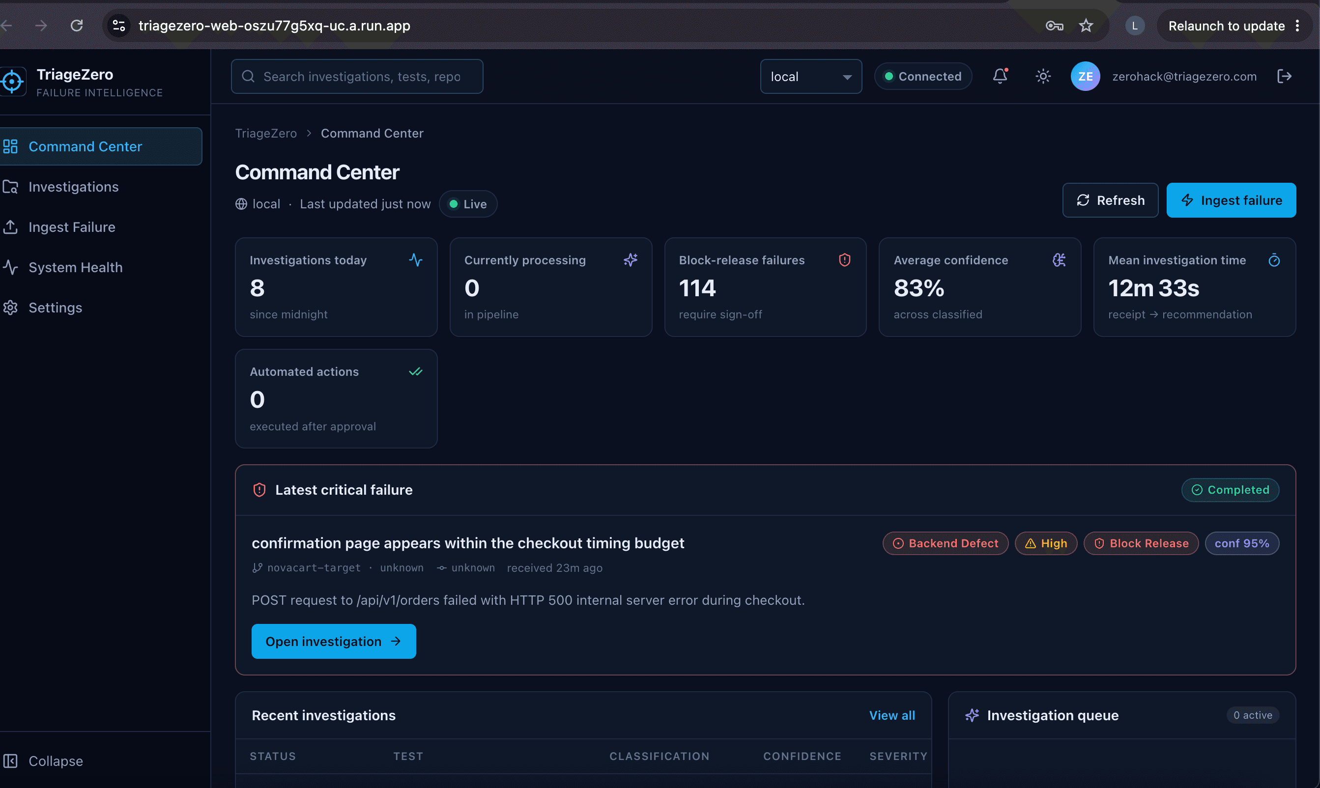 TriageZero command center showing AI-assisted regression failure investigations and release-risk metrics